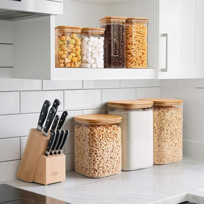 ComSaf Glass Food Storage Containers, 3.6Qt/1.2Qt Glass Flour and Sugar Containers with Airtight Lids, Large Square Jars with Bamboo Lids for Rice, Pasta, Oats, Grains, Cookies, Snacks, Candy
