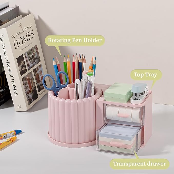 Anyoifax 360° Rotating Pen Holder 7 Slots Desk Organizer with Drawer Removable Pencil Cup Plastic Art Supplies and Accessories Desktop Storage Box Caddy for Office, School, Home (Pink)