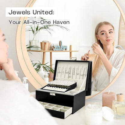 Jewelry Organizer, Travel Jewelry Box Organizers for Women Girls, Jewellery Display Holder 3 Layers Large PU Leather Jewellery Storage Case for Earring, Rings, Necklaces, Bracelets, Watch, Gift(Black)