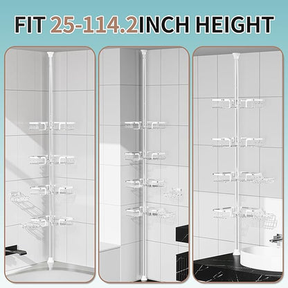 KEGII Shower Caddy Tension Pole – Corner Rustproof Bathroom Organizer with Soap Holder & Hooks, No-Drill Adjustable Shower Shelf for Renters for Families & Renters, 25-114.2 Inch, Silver
