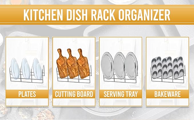 YBM HOME Wire Dish Storage Rack for Plates, Cutting Boards, Bakeware, Pots and Pans, Serving Trays, Lids, and Other Cookware, 3 Section Plate Holder for Cabinets and Cupboards, Silver 2552