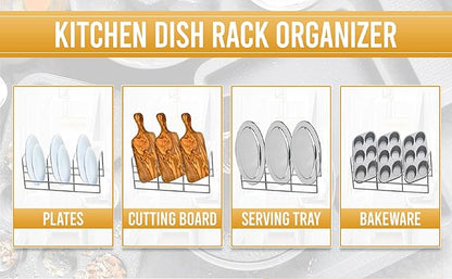 YBM HOME Wire Dish Storage Rack for Plates, Cutting Boards, Bakeware, Pots and Pans, Serving Trays, Lids, and Other Cookware, 4 Section Plate Holder for Cabinets and Cupboards, White 2551