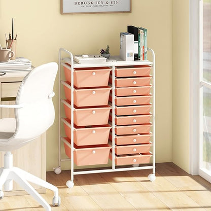 LDAILY 15 Drawer Rolling Storage Cart, Rolling Cart with Drawers for Classroom, Art Supply Craft Organizer on Wheel with Metal Frame & Handles for Home Office School