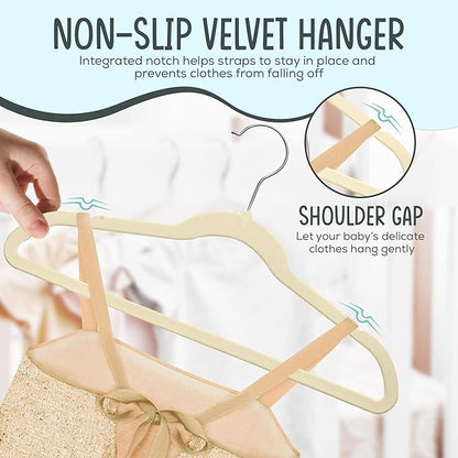 25 Premium Kids Velvet Hangers - 14" Non-Slip Clothes Hangers for Kids & Preteens - Ultra Slim, Space-Saving, Strong & Durable Hangers with 360° Swivel Hook - Beige