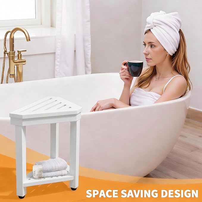 Shower Foot Rest 15 in, Acacia Shower Stool for Shaving Legs,Corner Bath Shower Bench with Starage Shelf for Inside Small Shower Spaces - White