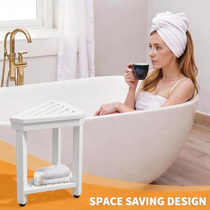 Shower Foot Rest 15 in, Acacia Shower Stool for Shaving Legs,Corner Bath Shower Bench with Starage Shelf for Inside Small Shower Spaces - White