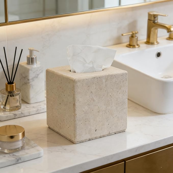 Travertine Tissue Box Cover, Vintage Style Napkin Holder, Square Tissue Box with Acrylic Board Bottom, Natural Heaty Duty Stone Toilet Paper Holder for Bathroom, Bedroom, Living Room