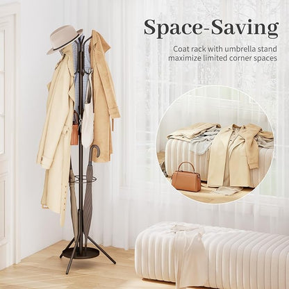 Kitsanery Coat Rack Freestanding,Metal Coat Tree with Umbrella Holder,Hat and Coat Rack Stand for Entryway, Hallway, Living Room, Bedroom (Brown)