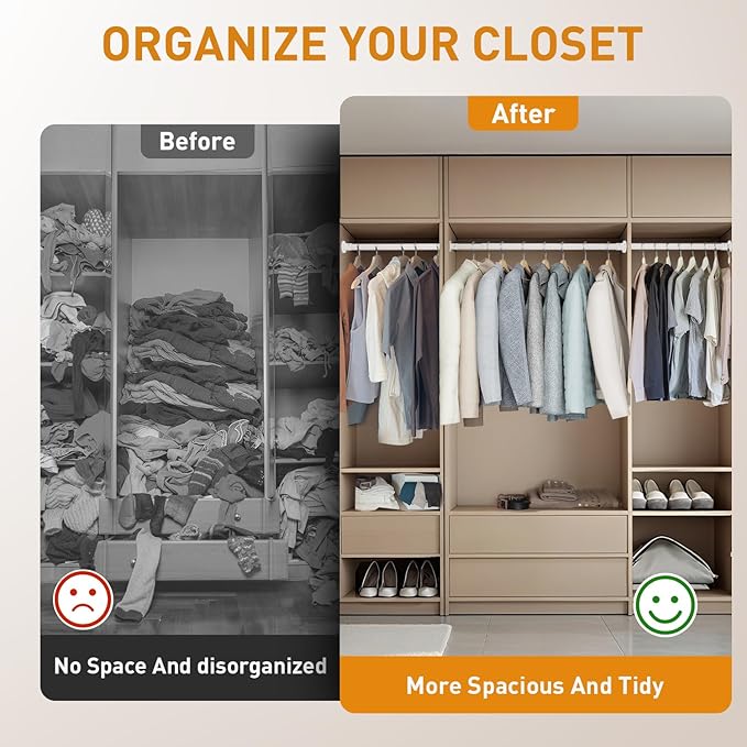 White Adjustable Closet Rod 18-92 Inches, Heavy Duty Metal Clothes Hanging Rod, Rust-Proof Non-Slip Wardrobe Bar for Closet, Laundry Room, RV