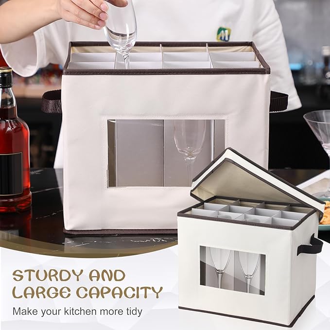 Uiifan 4 Pcs Champagne Flute Storage Box with Dividers 12 Compartment Stemware Storage Cases China Container Box with Lid, Handles, PVC Window for Moving, Beige
