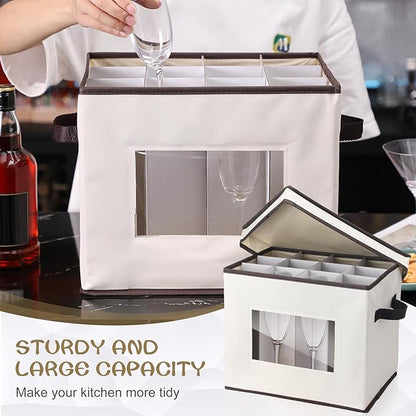 Uiifan 4 Pcs Champagne Flute Storage Box with Dividers 12 Compartment Stemware Storage Cases China Container Box with Lid, Handles, PVC Window for Moving, Beige