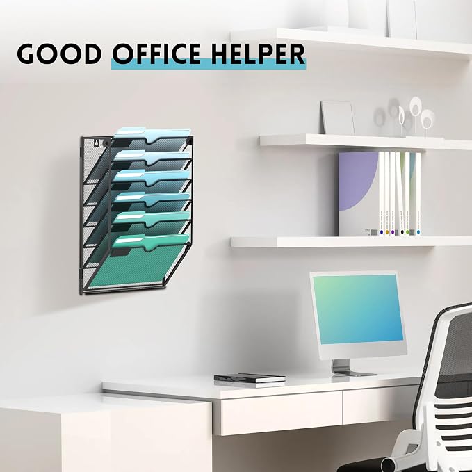 SUPEASY 6-Tier Wall File Organizer, Hanging Wall Files for Papers, Folders, Magazines, Wall Organizer for Clipboard, Assembly Needed, Black
