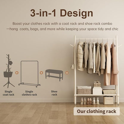 Solid Wood Clothes Rack, Clothing Rack for Hanging Clothes, Hanging Racks for Clothes with Shelves Load 350 Lbs Garment Rack (White)
