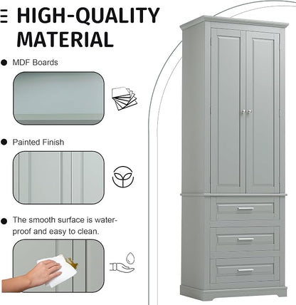 Polibi Tall Storage Cabinet with 3 Drawers, 3-Tier Adjustable Shelves & 2 Doors, Floor Freestanding Linen Cabinet for Bathroom, Living Room, Grey