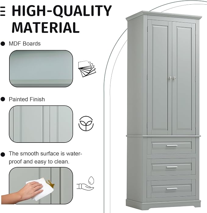 Storage Cabinet, Tall Bathroom Cabinet with Adjustable Shelf | Tall storage cabinet, upper enclosed cabinet and 3 pull-out compartments keep daily essentials organized