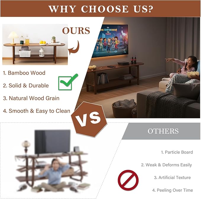 Tiita TV Stand with Storage for TVs up to 65'', Bamboo TV Console Entertainment Center with 2 Open Shelf, Mid Century Modern Media Console for Living Room, Bedroom, Walnut