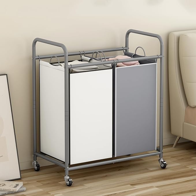 SUOERNUO Laundry Sorter Basket 2 Bag Laundry Hamper Cart with Rolling Lockable Wheels and Removable Bags Laundry Organizer Cart for Clothes Storage (Grey+Beige, 2 Bags)