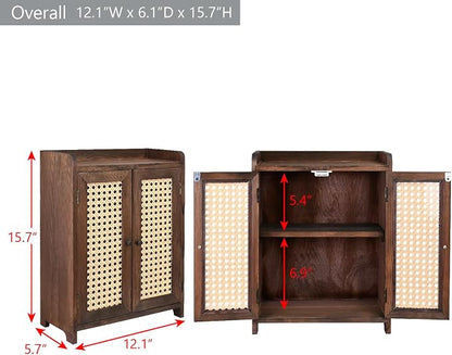Ikee Design Wooden Countertop Storage Cabinet with Magnetic Rattan Doors, Kitchen Pantry Cabinet with Removable Shelves, Coffee, Snack, Cup Organizer, Dark Brown Color, 12.1W x 6.1D x 15.7H in