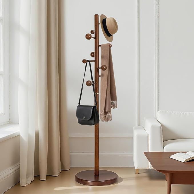Coat Rack Stand Solid Wooden Coat Tree with 9 Cute Ball Hooks, 72.4" Heavy Duty Coat Rack Freestanding with Round Base, Rubberwood Coat Hanger Stand for Hallway, Entryway Bedroom (Walnut)