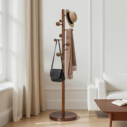 Coat Rack Stand Solid Wooden Coat Tree with 9 Cute Ball Hooks, 72.4" Heavy Duty Coat Rack Freestanding with Round Base, Rubberwood Coat Hanger Stand for Hallway, Entryway Bedroom (Walnut)