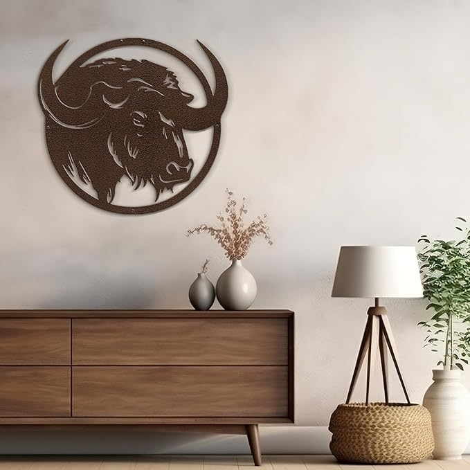 SIGNLEADER Metal Wall Art Decor Majestic Buffalo Circular Frame Minimalist Modern Abstract Wall Sculpture Hangings Home Decoration for Living Room, Bedroom, Bathroom, Kitchen, Outdoor - 24" Bronze