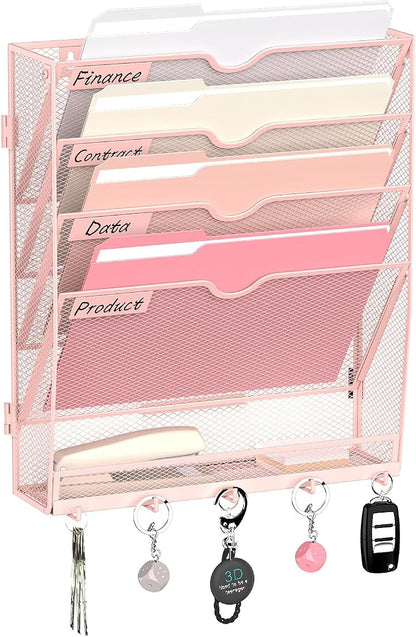 5 Tier Wall File Organizer - Hanging File Organizer with 5 Hooks, Mail Holder Wall Mounted for Papers, Folders, Magazines, Bills, Office&School Organization, Pink