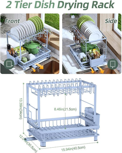 Dish Drying Rack 2-Tier Dish Racks with Drainboard, Rustproof, Space-Saving Dish Rack, Utensil & Cup Holder for Kitchen Counter, Blue