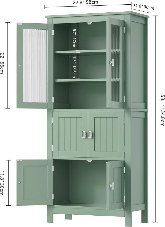 Akxomel 53.1" H Tall Bathroom Storage Cabinet, Bathroom Floor Cabinet with 6 Doors and Adjustable Shlef, Linen Cabinet, Pantry Cabinet for Living Room, Kitchen, Entryway, Green