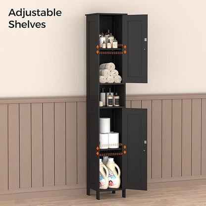 Homleke Tall Bathroom Storage Cabinet with 2 Doors, 67"H Narrow Storage Cabinet with Adjustable Shelves& Anti-Tip Design, Reversible Door Installation, Easy Assembly, 11.8 x 11.8 x 66.9 Inches, Black