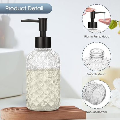 Topsky Gem Glass Soap Dispenser with Black Plastic Pump, 13oz Liquid Hand Soap Dispenser, Rustproof Pump for Kitchen & Bathroom, Great for Lotions, Essential Oil, Liquid Soaps-Clear