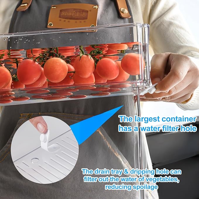 10-Pack Clear Fridge Organizer Containers with Lids, Stackable BPA-Free Refrigerator & Produce Storage Containers with Drain Tray & Anti-Slip Base for Fruits, Veggies & Drinks