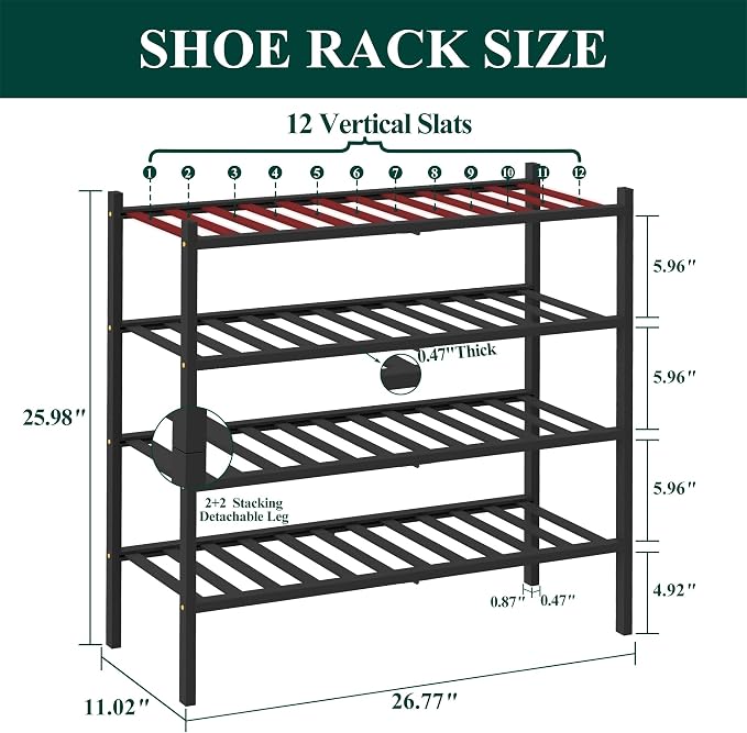 Smiry Bamboo Shoe Rack, 4 Tier Free Standing Wooden Shoe Organizer, Stackable Wood Shoe Storage Shelf for Closet, Entryway, 12 Vertical Slats, 2+2 Stack Standard Legs, 26.8"x11"x26", Black
