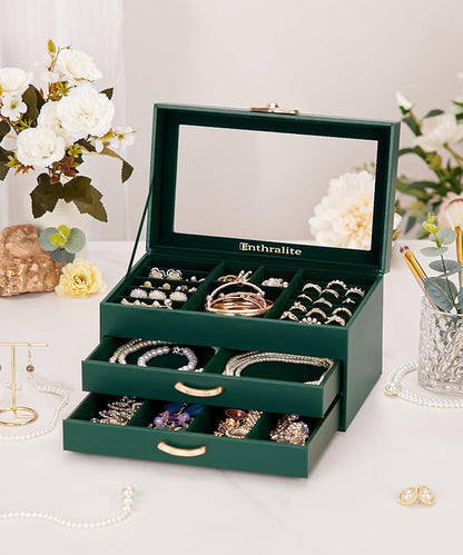 Jewelry Box with 2 Drawers: Display Organizer for Earrings Necklaces - Christmas Gifts for Girls Women (Forest Green)
