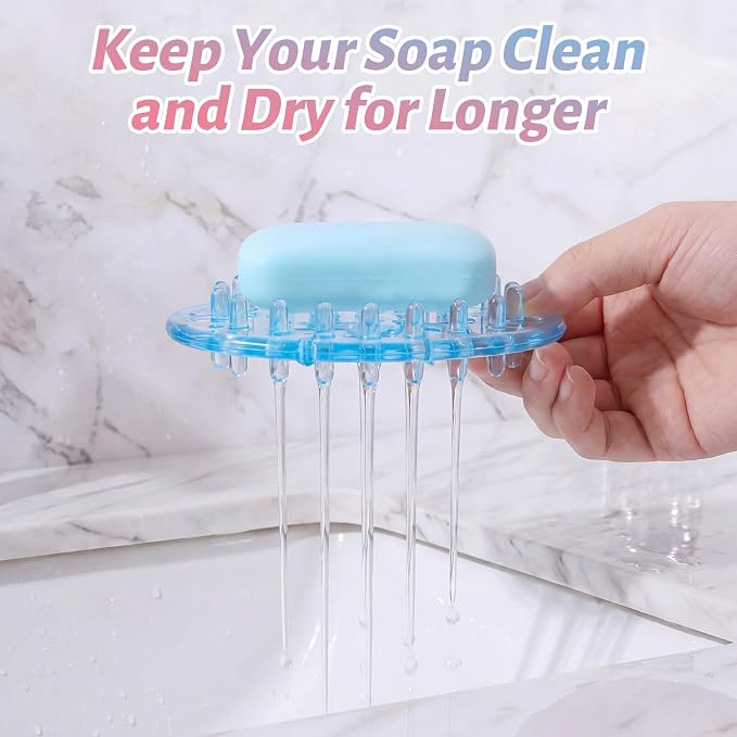 4 Pcs Plastic Soap Holder Soap Dish Bar Saver Tray with Holes Sponge Holder for Kitchen Bathroom Shower Counter, 4.5 x 3 x 0.7 Inches (Pink,Blue)