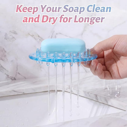 2 Pcs Plastic Soap Holder Soap Dish Bar Saver Tray with Holes Sponge Holder for Kitchen Bathroom Shower Counter, 4.5 x 3 x 0.7 Inches (Pink,Blue)