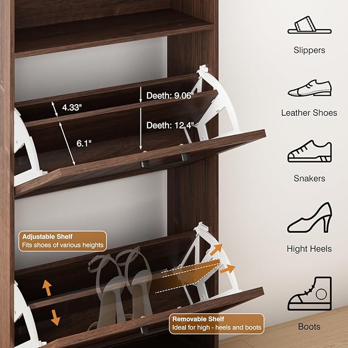 Shoe Storage Cabinet with 2 Flip Drawers, 24" W Farmhouse Modern Hidden Shoes Rack Cabinet with Adjustable Shelves & Open Storage, Narrow Slim Shoe Organizer for Front Door Entrance, Entryway, Walnut