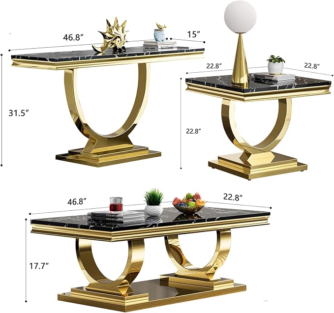 3 Piece Living Room Table Set Include 1 Faux Marble Coffee Table & 1 End Table & 1 Console Table, Modern Black Gold Coffee Table Set of 3 with Double O Shape Stainless Steel Pedestal Base