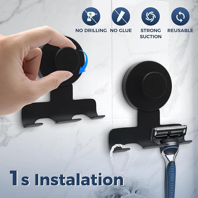 Suction Cup Razor Holder for Shower,Heavy-Duty 7KG Suction Hooks for Razor,Towel,Loofah,Removable Damage-Free Metal Shower Hook,Shaver Holder,2 Pack(Matte Black)