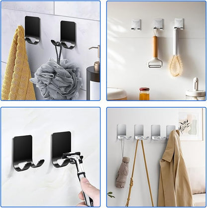 4Pcs Razor Holder, Shaver Hook Hanger, Multipurpose Self Adhesive Double Hooks, Silver Black Stainless Steel Shower Hooks, For Bathroom and Kitchen Storage, Includes Loofah, Towel, Plug, Clothes