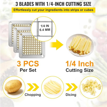 VEVOR Replacement Chopper Blade, 1/4 inch, 3 PCS French Fry Blade Assembly with 6 Extra Knives, Stainless Steel Dicer Parts and Push Block for Cutting Potatoes Carrots Onions Cucumbers Mushrooms