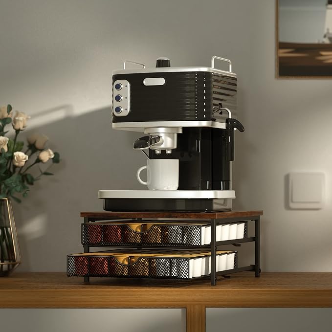Coffee Pod Drawer Holder Capsule Storage Organizer 2 Tier Coffee Pods Holder With Sliding Baskets for 72 Capacity K Pod, Suit for Home Office Cafe Counter (Black)