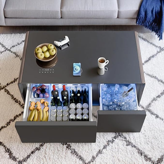 Smart Coffee Table with Fridge and Bluetooth, Smart Living Room Table with Frozen Drawers, Dual Speakers, 15W Wireless Charger, Touch Control, USB Ports, Atmosphere Light, LT90 Ultra-Brown