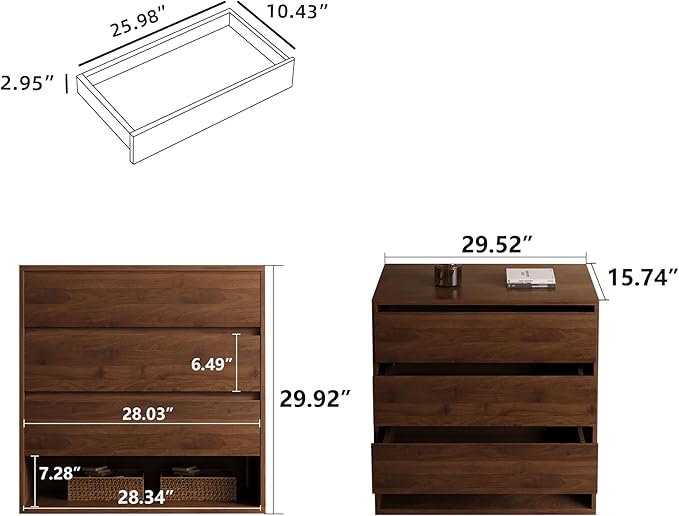 29.52" Mid Century Modern Nightstand, 3-Drawer Bedside Table with Open Shelf, Walnut Brown, Bedroom Dresser and Living Room Storage Cabinet for Small Apartment or Entryway