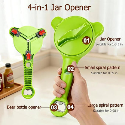 4-in-1 Jar Opener, Adjustable Jar Opener for Seniors, Kitchen Tool Designed Specifically for Seniors and Those with Limited Physical Strength, Suitable For Beer, Salad Dressing, Jar (Green)