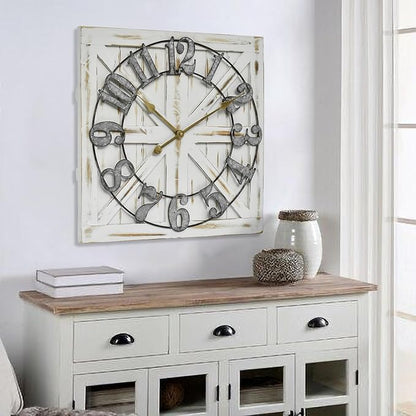Large Farmhouse Wall Clock – 24 Inch White Square Rustic Wooden Clock with Decorative Reversible Wooden Sign, Perfect for Any Space and Ideal Gift