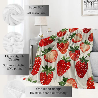 Strawberry Blanket,Sweet Juicy Red Fruit Throw Blankets,Gifts for Kids & Foodies & Summer Lovers,Lightweight Soft Fleece,for Picnic Sofa Couch Bed Room Travel,Birthday Decor,60x80in