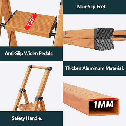 WOA WOA 4 Step Ladder, Ladders for Home, Anti-Slip Pedals, Aluminum Step Stool Foldable, Lightweight to Move, Ease of Storage, Reach 9ft for Closet Kitchen Library, Hold 300lbs - Wood Grain