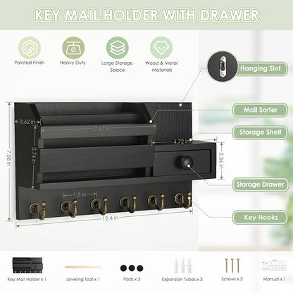 VIS'V Key Holder Wall Mount, Wooden Mail and Key Organizer with Drawer and Shelf, 2 Slots, 6 Hooks, Black