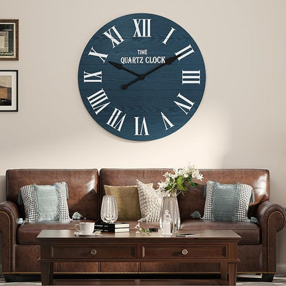 ARTPOWER Large Farmhouse Wall Clock, 35.5” Shiplap Wall Clock with Roman Numeral, Nearly Non-Ticking, Round Wall Clocks for Living Room Decor, Office, Bedroom, Entrance, Navy Blue