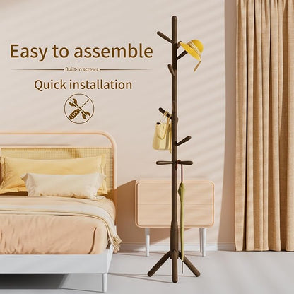 Solid Wood Coat Rack, Freestanding Tree-Shaped Coat Rack with 11 Hooks, Main Pole 1.6" dia,for Clothes, Hat Stand Used in Bedroom/Office/Entryway (3-Leg Base, Dark Walnut)